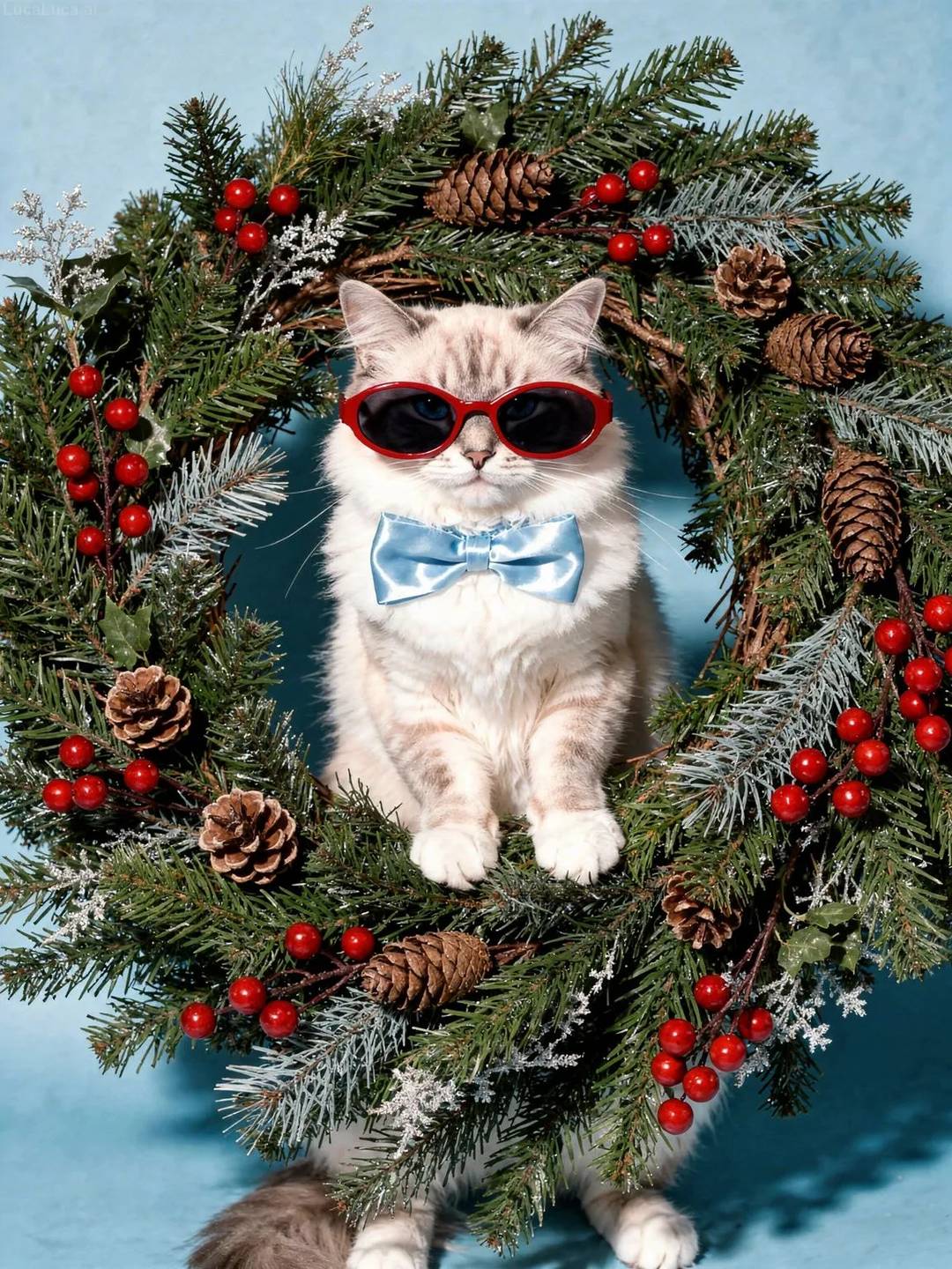 Ragdoll cat wearing red sunglasses holding a Christmas wreath with berries