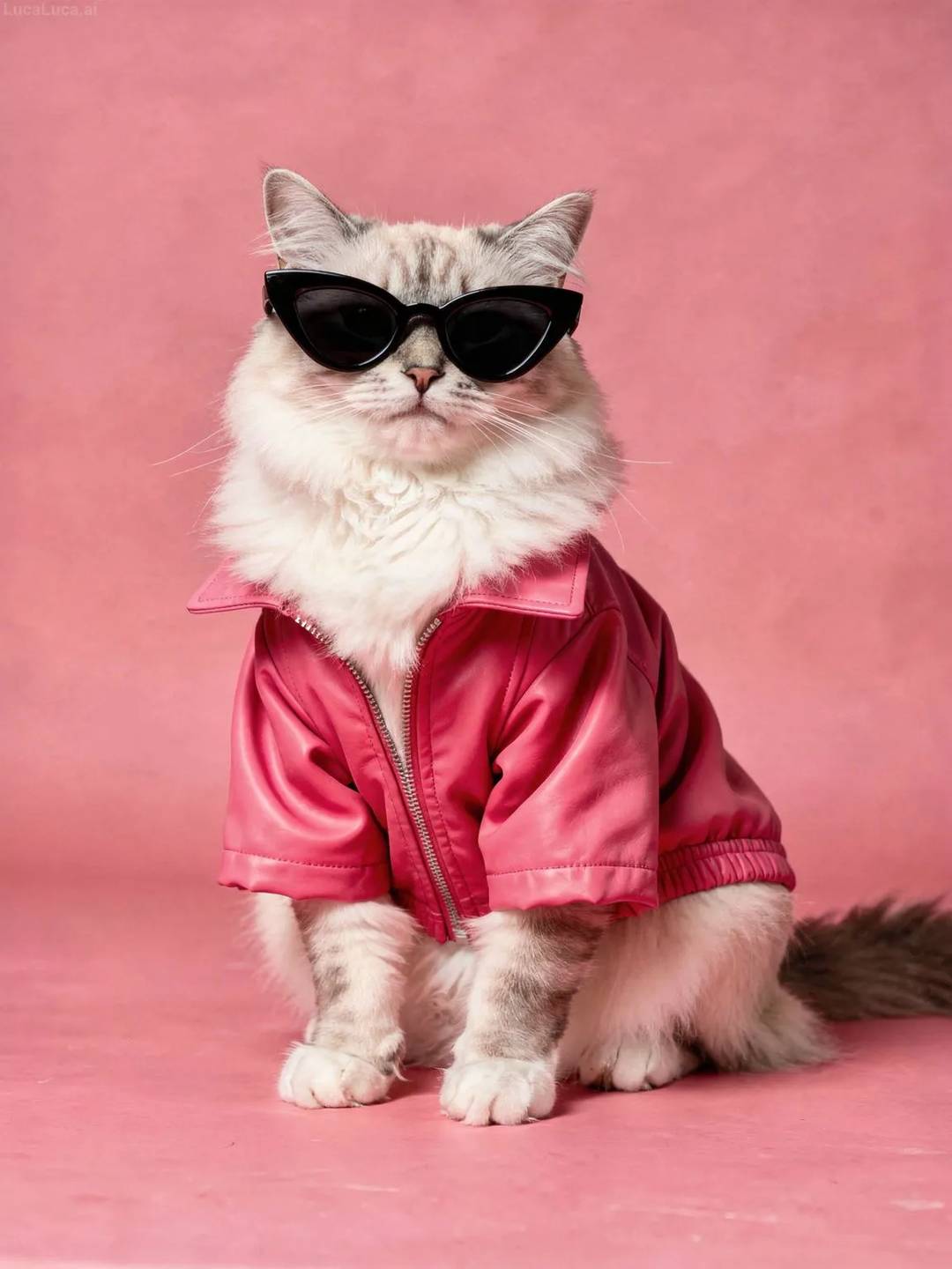 Ragdoll cat wearing a pink jacket and cat-eye sunglasses on a pink background
