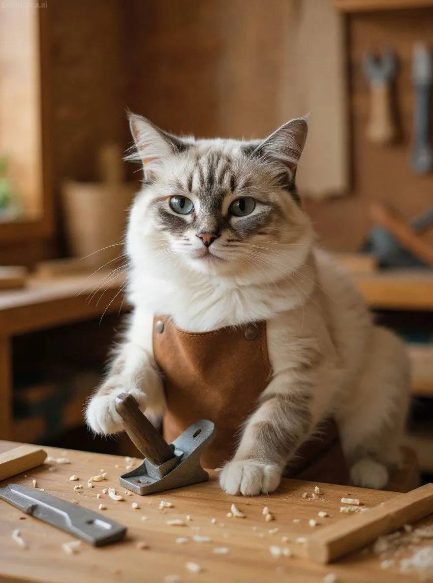 Ragdoll cat wearing a leather apron holding woodworking tools in a workshop