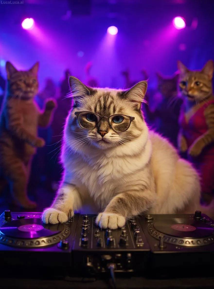 Ragdoll cat wearing sunglasses with paws on turntables at a nightclub