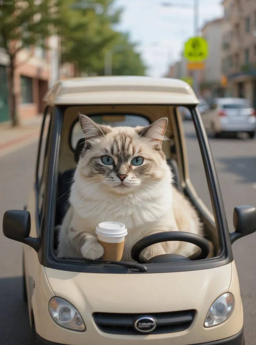 Ragdoll cat behind the wheel of a car holding a coffee cup