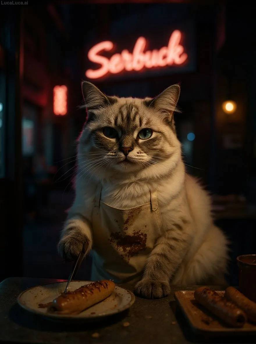Ragdoll cat in a stained apron flipping hot dogs at a neon-lit food stand