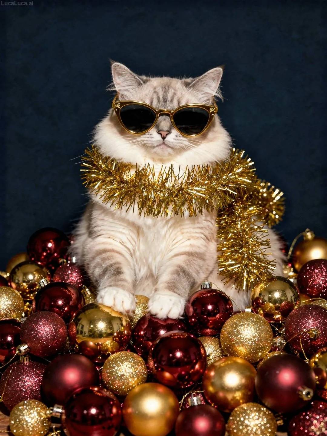 Ragdoll cat wearing gold sunglasses and tinsel scarf holding Christmas ornaments