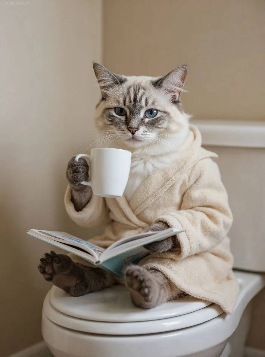 Ragdoll cat in a robe on a toilet lid drinking from a coffee mug