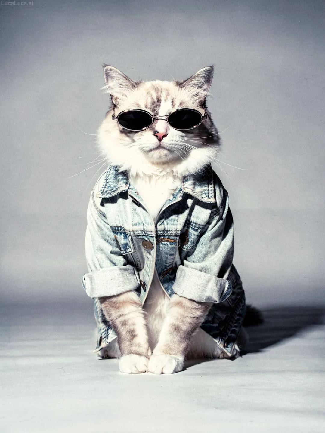 Ragdoll cat wearing a vintage denim jacket and oval sunglasses