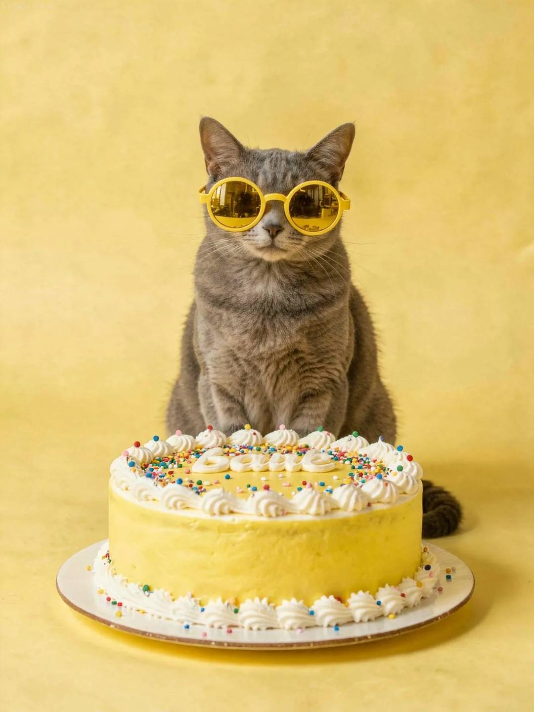 Russian Blue cat wearing yellow sunglasses with a lemon-yellow cake and confetti