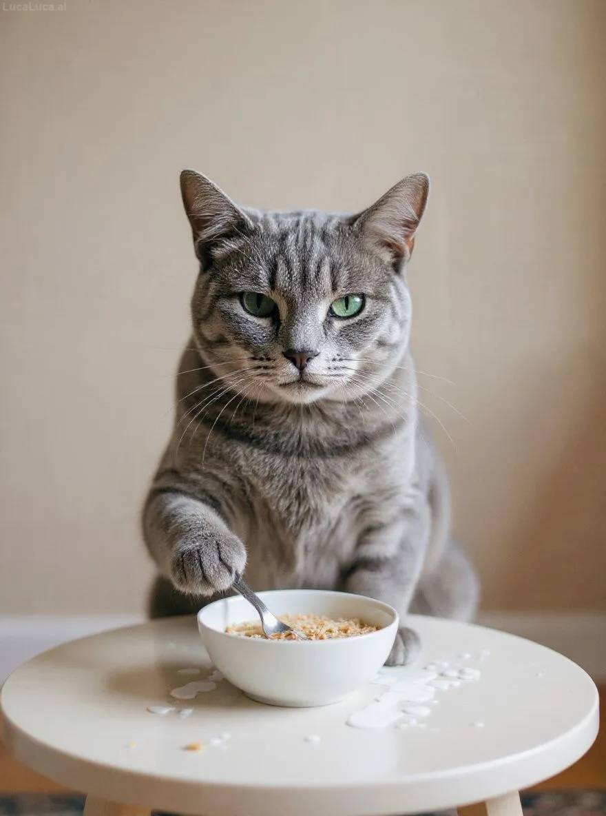 Russian Blue cat sitting at a table with a bowl of cereal and spilled milk