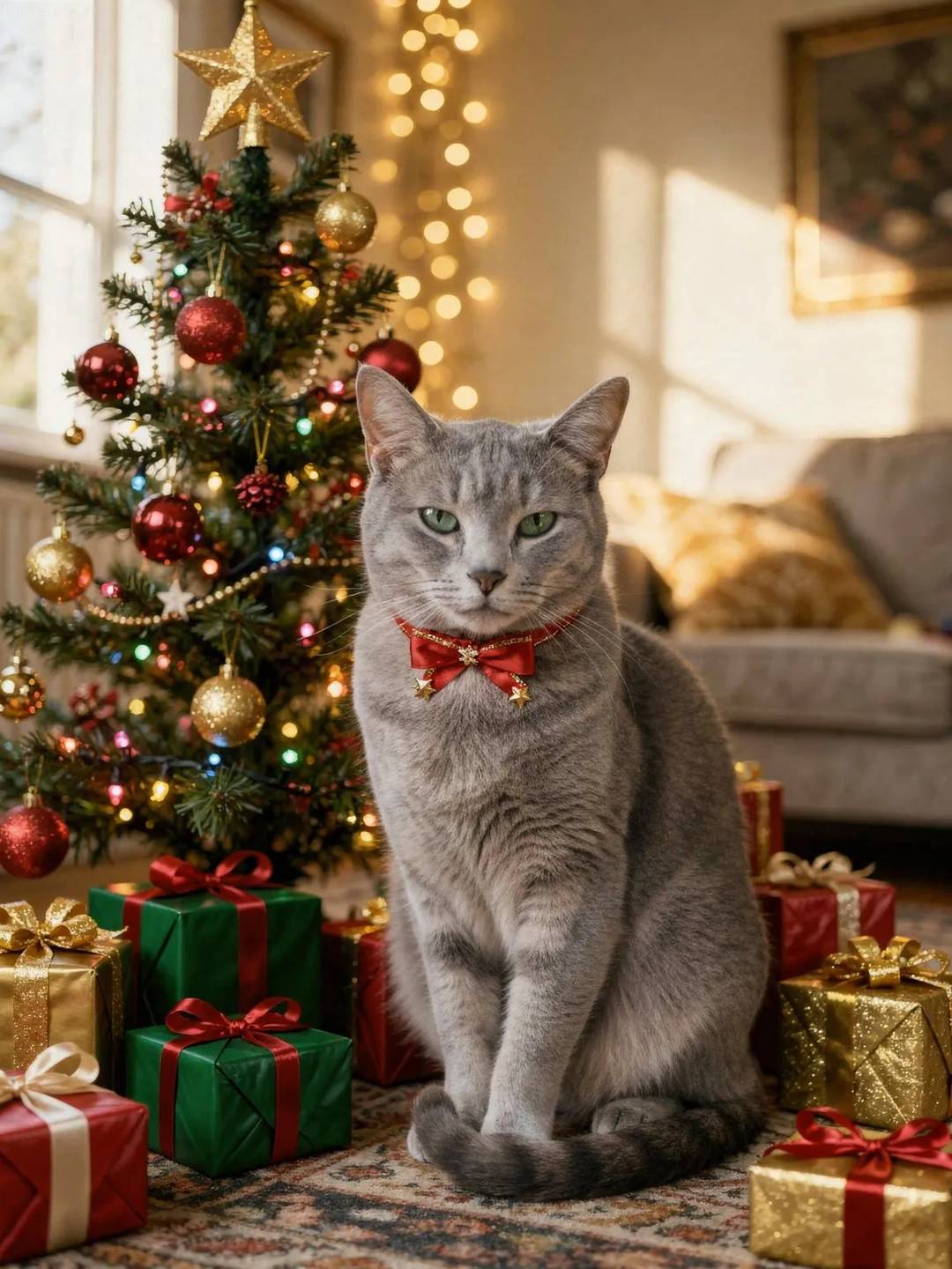 Russian Blue cat sitting beside a decorated Christmas tree with wrapped presents