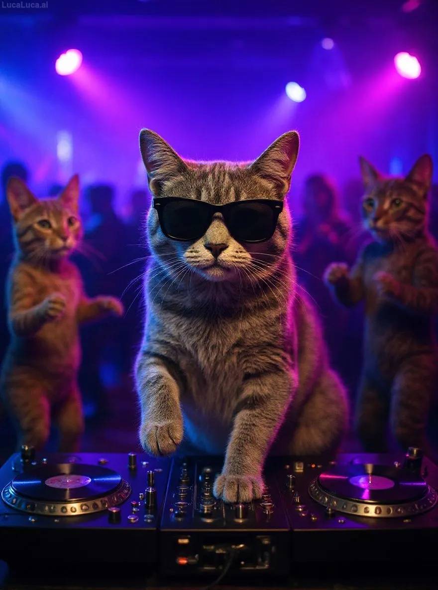 Russian Blue cat wearing sunglasses with paws on turntables at a nightclub