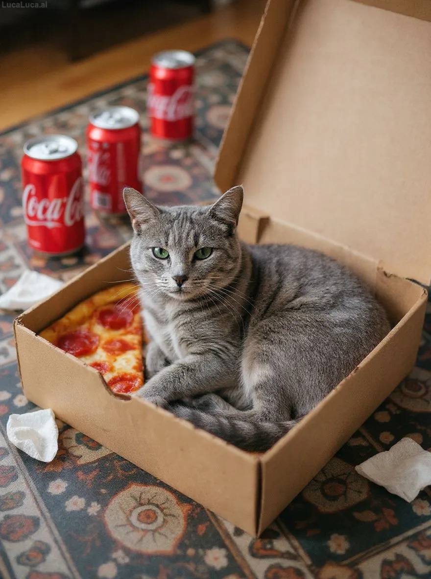 Russian Blue cat curled up in an empty pizza box surrounded by soda cans