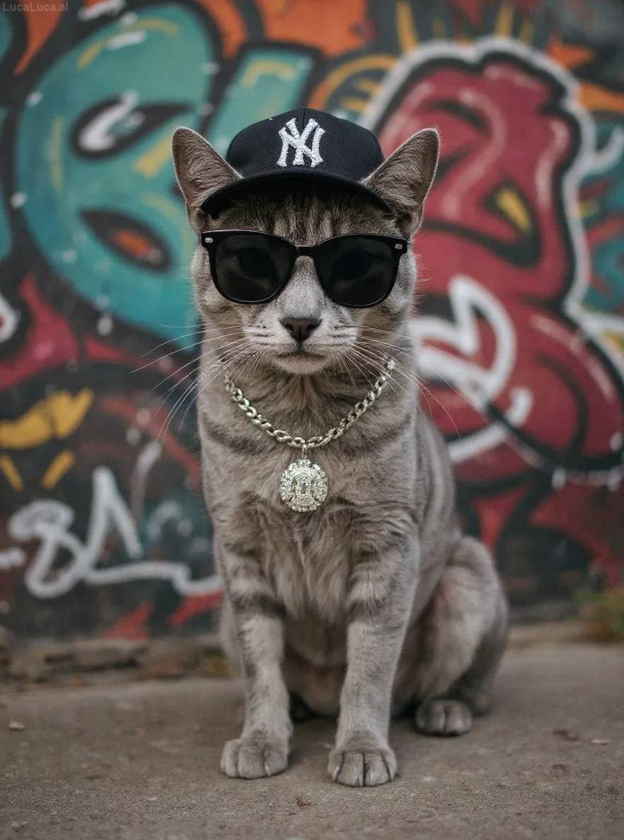 Russian Blue cat wearing a gold chain, sunglasses, and cap in front of a graffiti wall