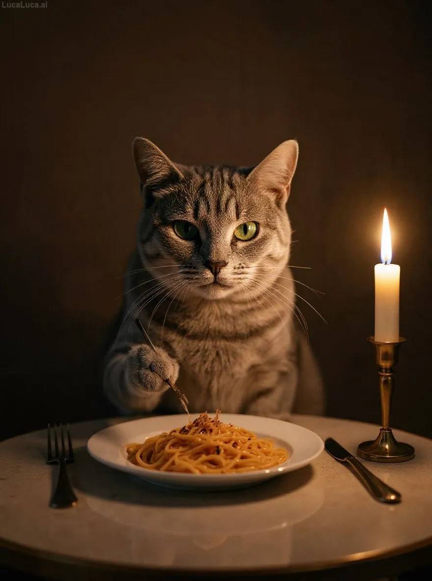 Russian Blue cat eating spaghetti alone at a candlelit table