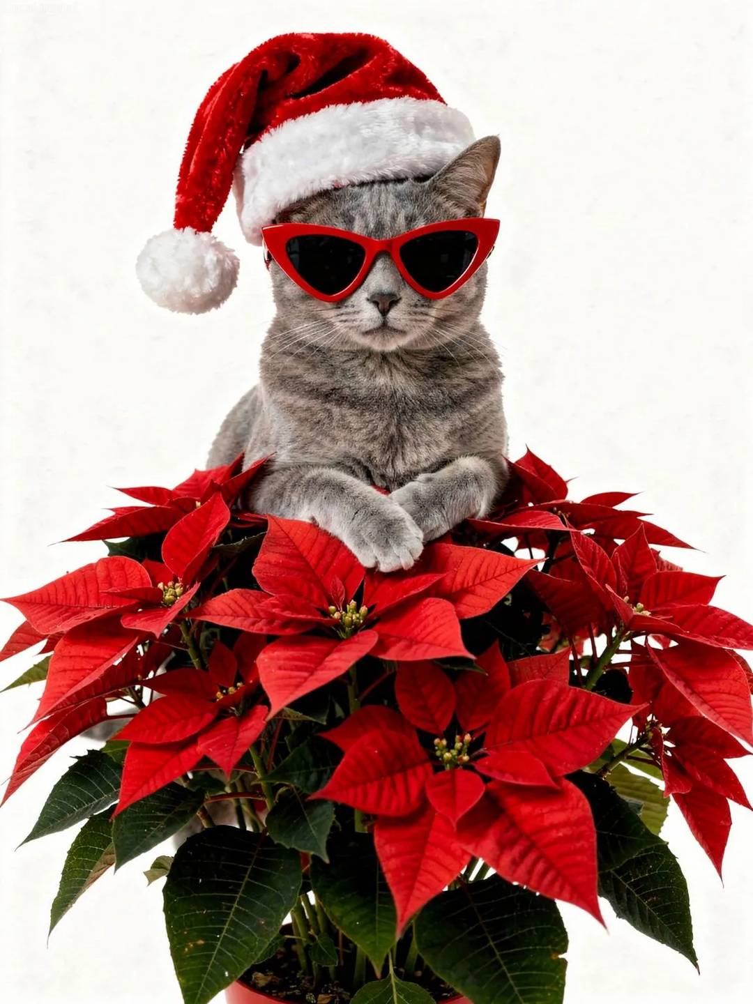Russian Blue cat wearing red sunglasses and Santa hat holding red poinsettias