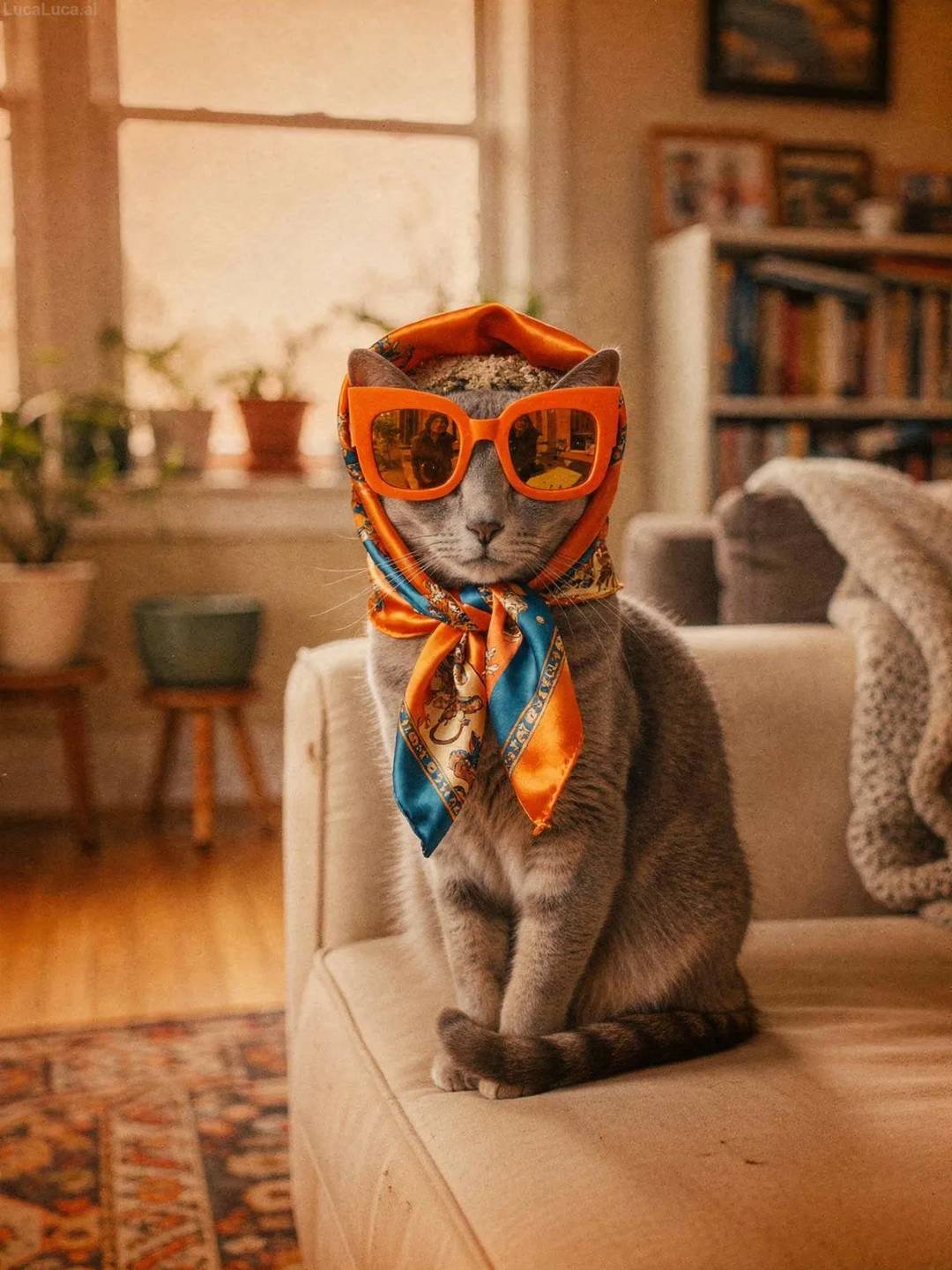 Russian Blue cat wearing orange sunglasses and a silky patterned headscarf