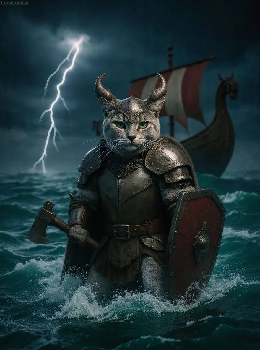Russian Blue cat in Viking armor with horned helmet and axe on a stormy sea