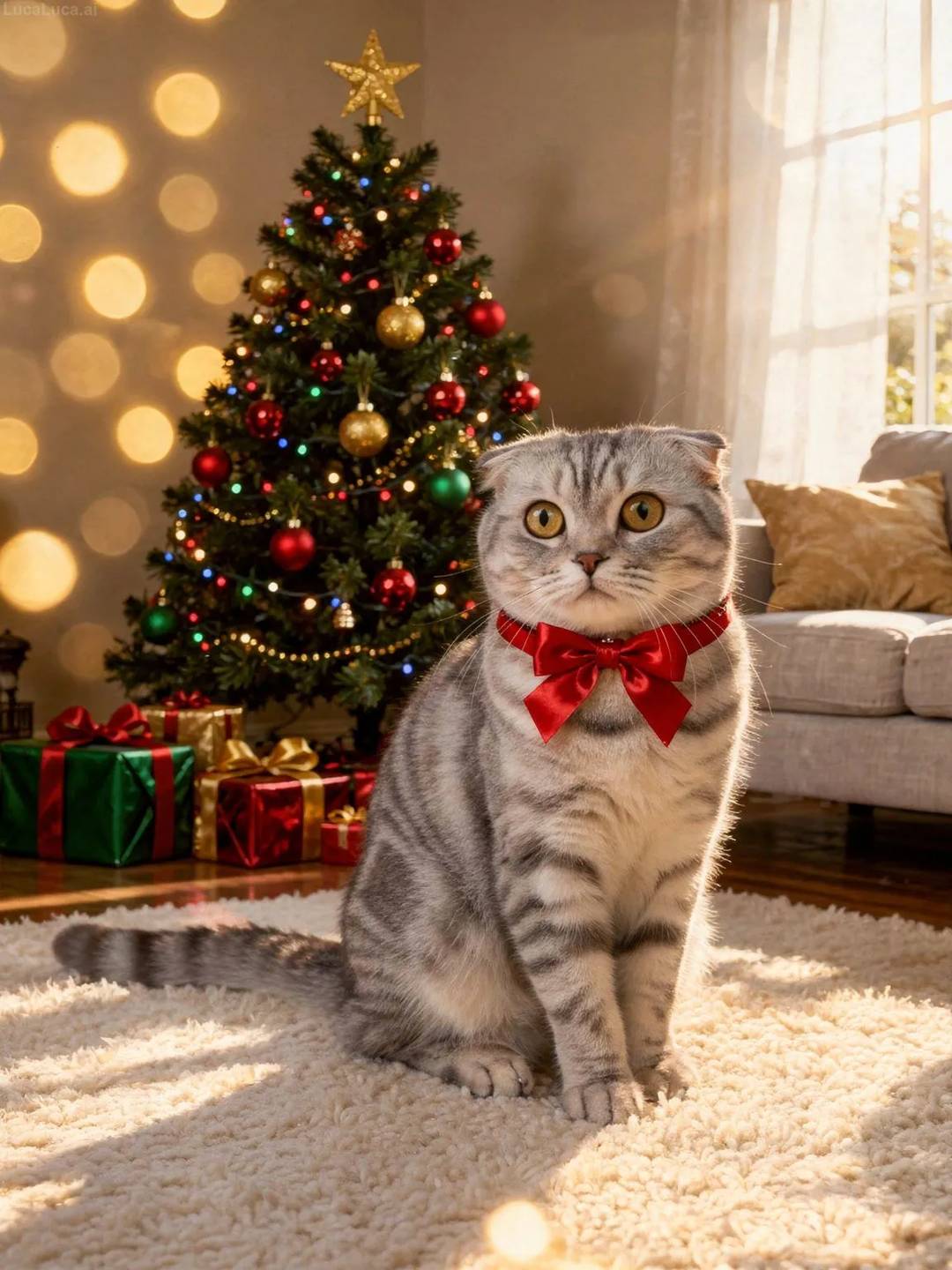 Scottish Fold cat sitting beside a decorated Christmas tree with wrapped presents