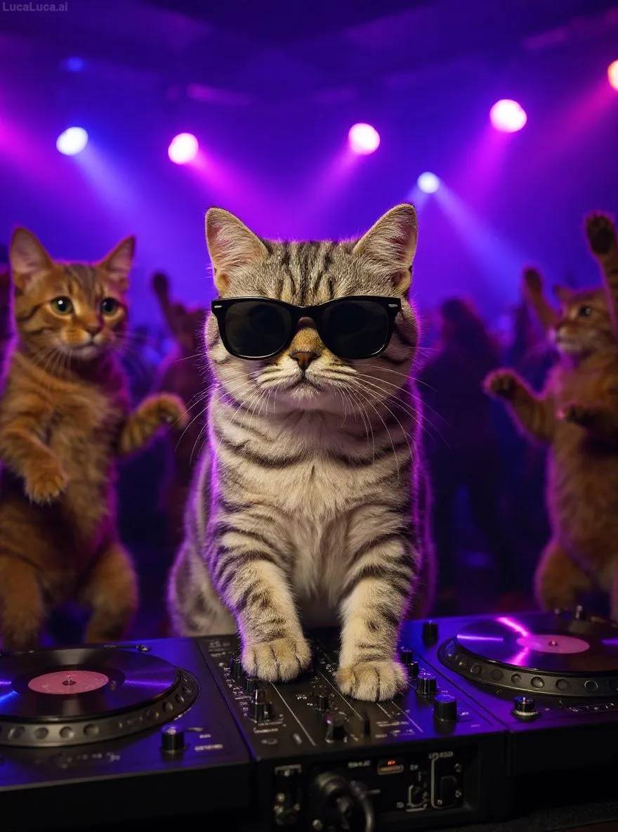 Scottish Fold cat wearing sunglasses with paws on turntables at a nightclub