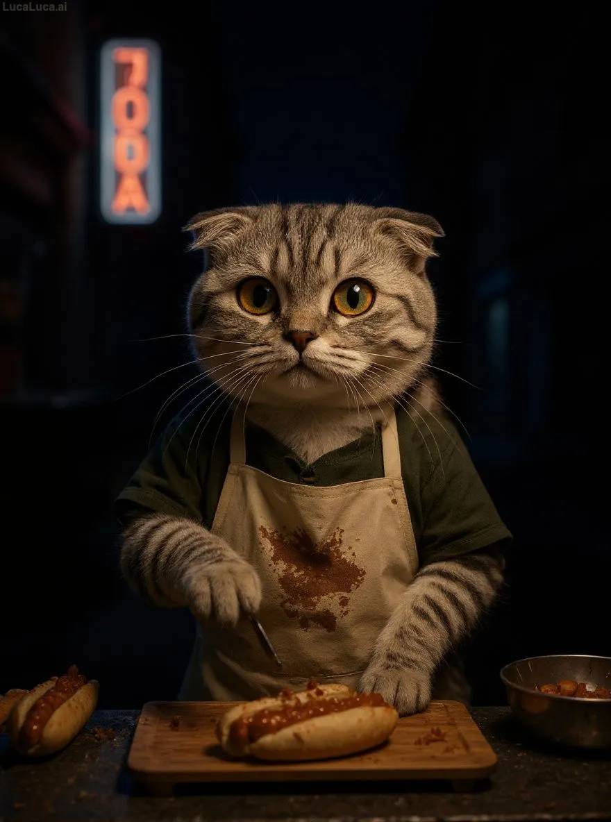 Scottish Fold cat in a stained apron flipping hot dogs at a neon-lit food stand