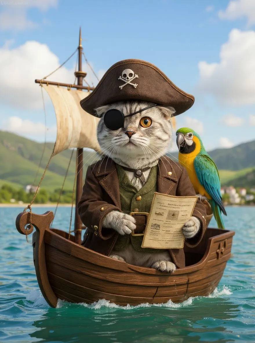 Scottish Fold cat dressed as a pirate with eye patch on a ship deck