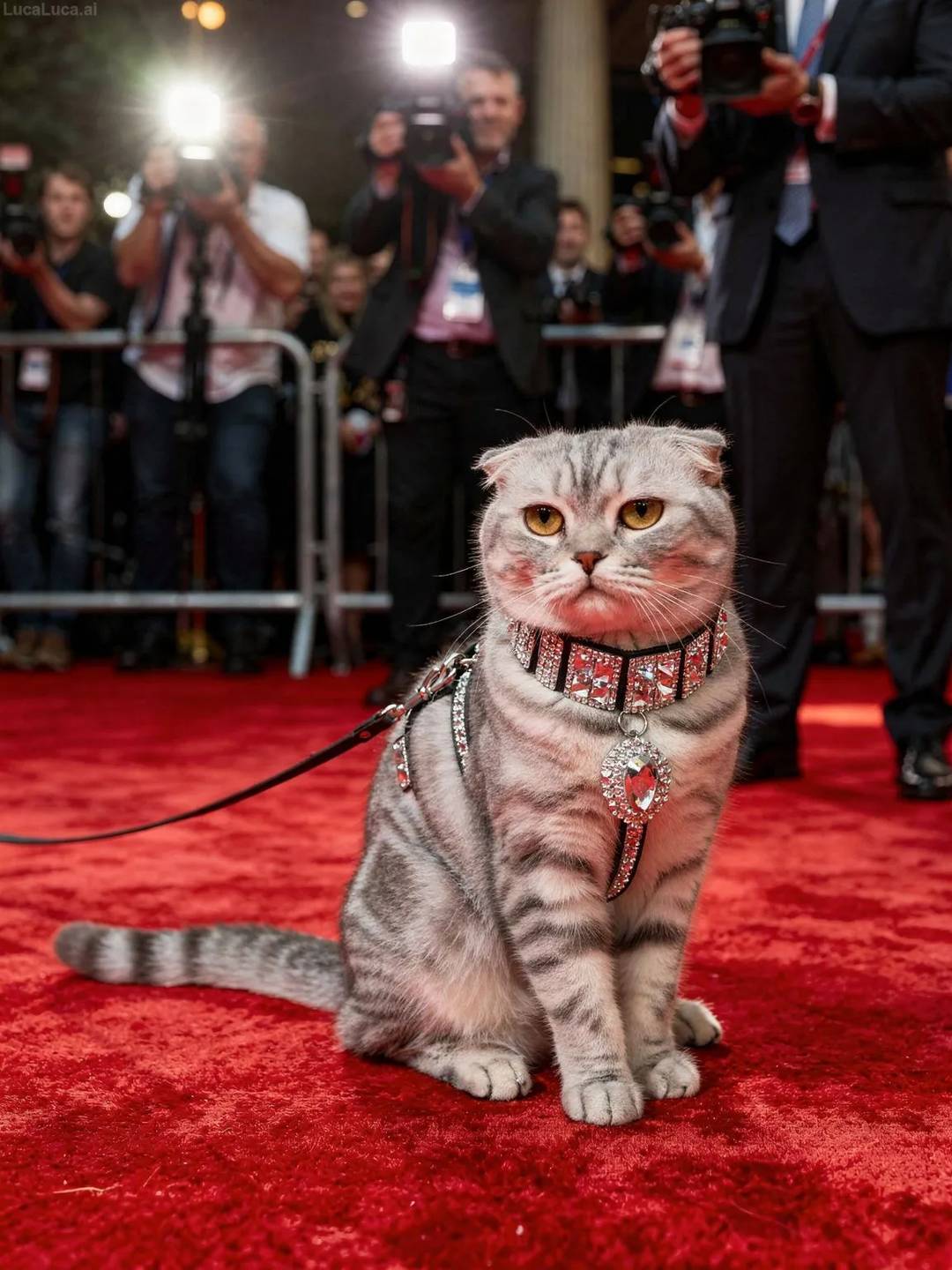 Scottish Fold cat dripping in jewels posing for paparazzi on a red carpet