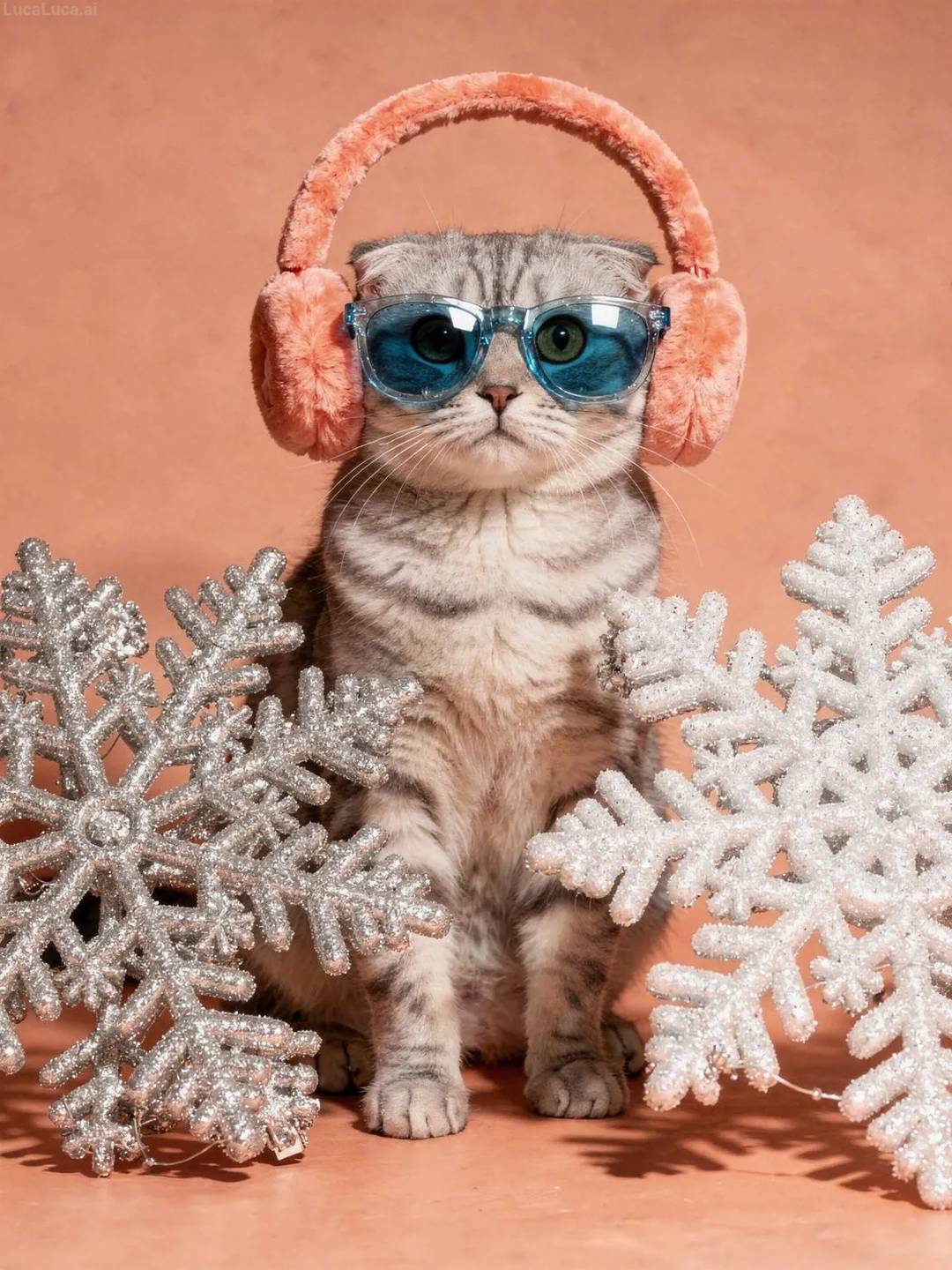 Scottish Fold cat wearing blue sunglasses and coral earmuffs holding snowflake ornaments