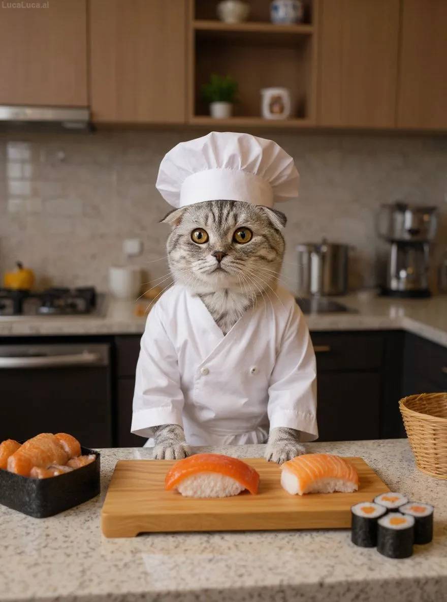 Scottish Fold cat in traditional sushi chef costume behind a sushi counter
