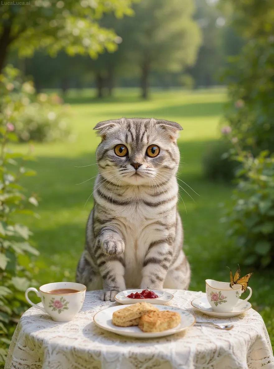 Scottish Fold cat at a miniature garden table with floral china and scones