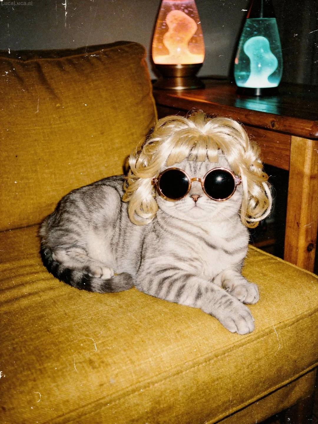 Scottish Fold cat wearing a blonde wig and round sunglasses on a yellow sofa