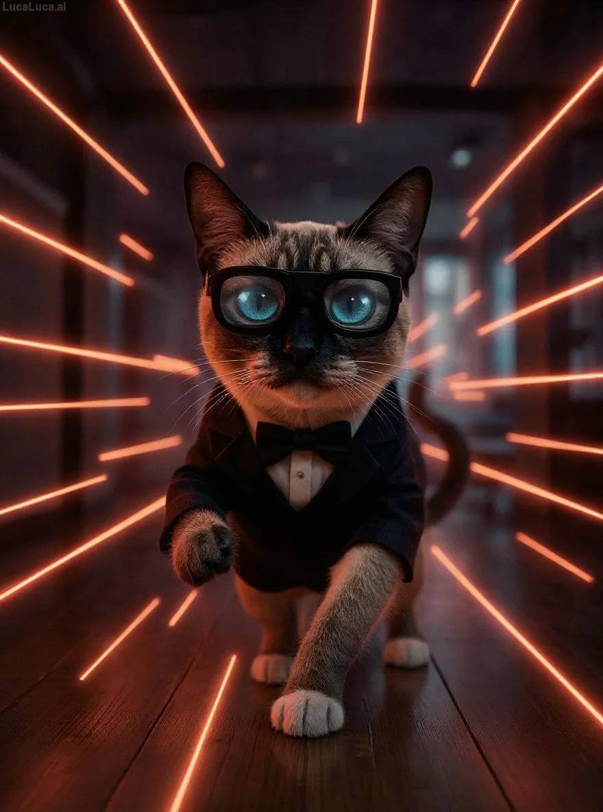 Siamese cat wearing a tuxedo and night vision goggles in a room with laser beams