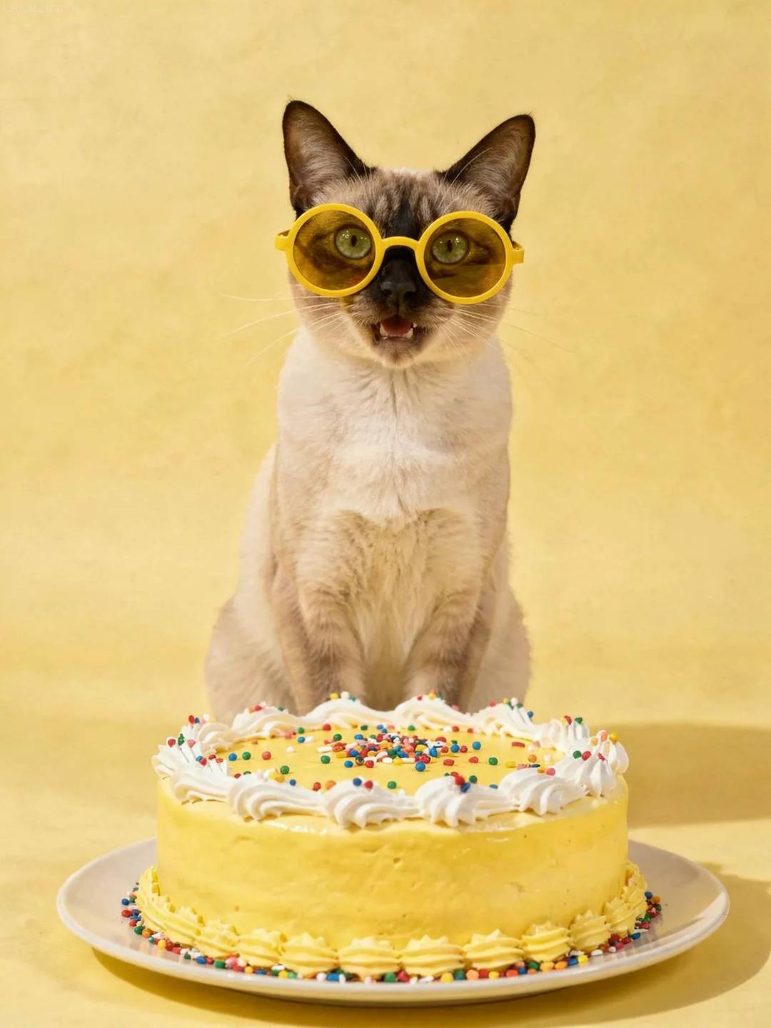 Siamese cat wearing yellow sunglasses with a lemon-yellow cake and confetti