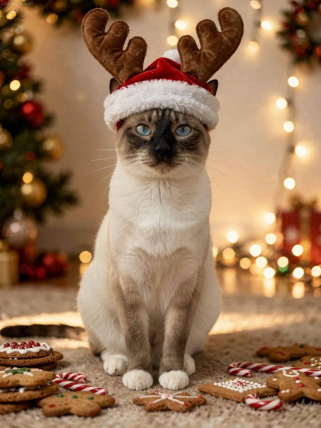 Siamese cat surrounded by cookies, candy canes, and gingerbread with holiday decorations