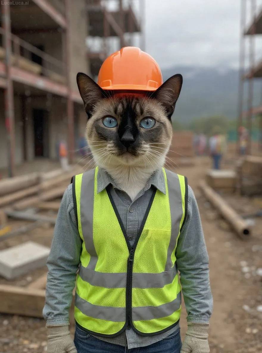 Siamese cat wearing a hard hat and safety vest at a construction site