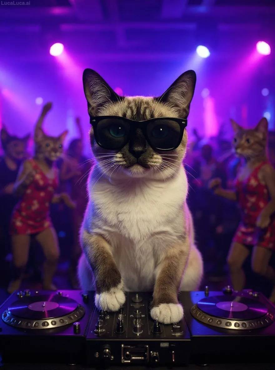 Siamese cat wearing sunglasses with paws on turntables at a nightclub