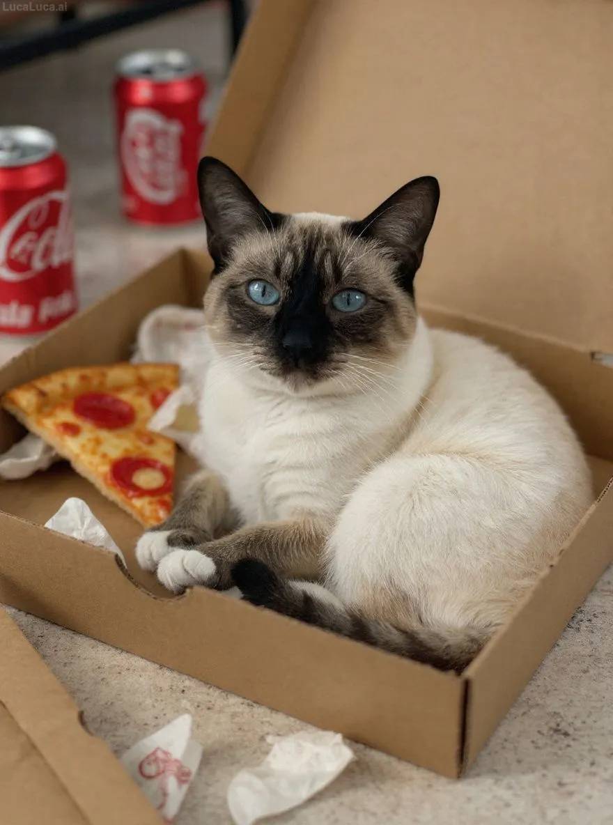 Siamese cat curled up in an empty pizza box surrounded by soda cans