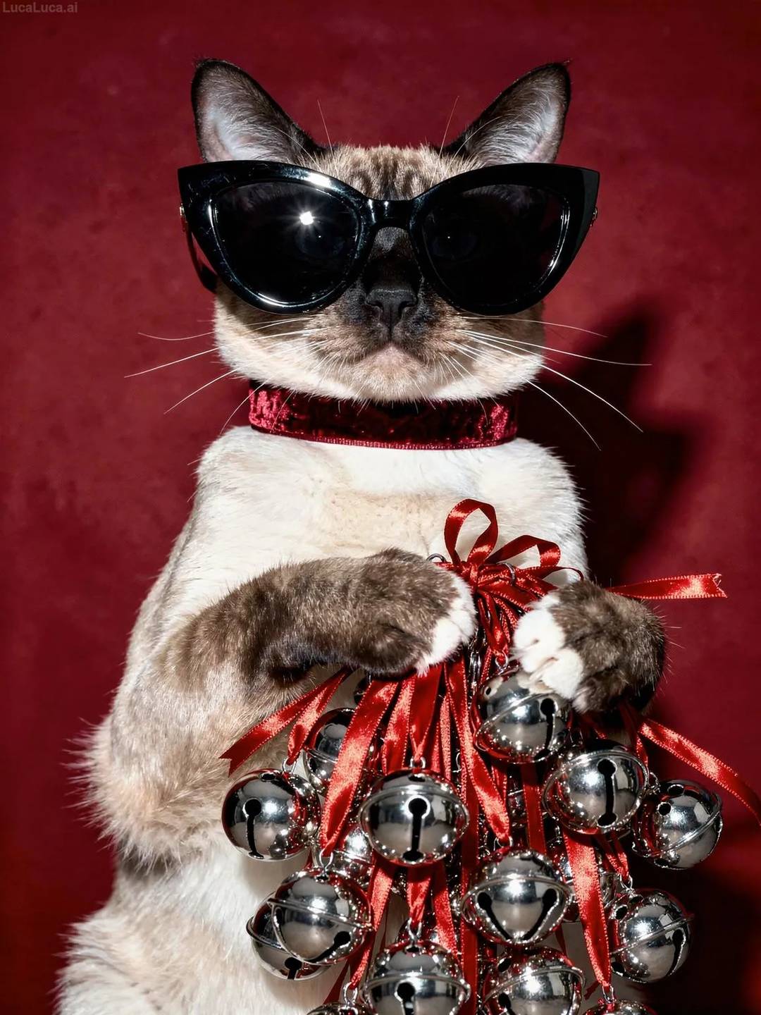 Siamese cat wearing black cat-eye sunglasses holding silver jingle bells