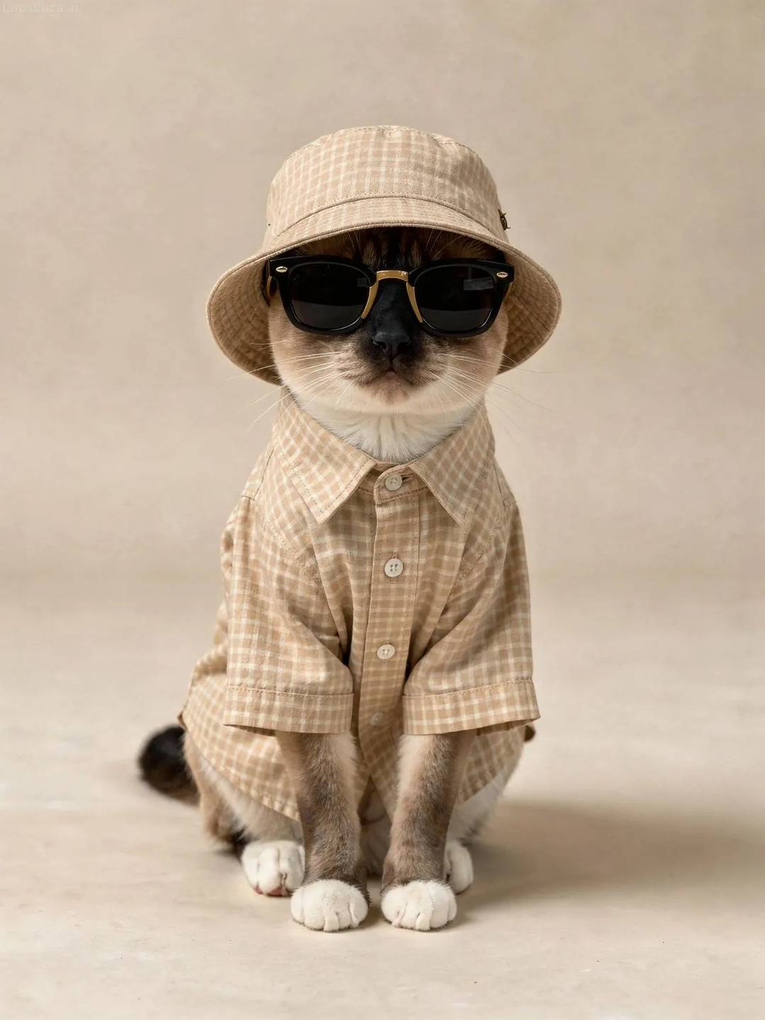 Siamese cat wearing a checkered shirt, sunglasses, and bucket hat in studio