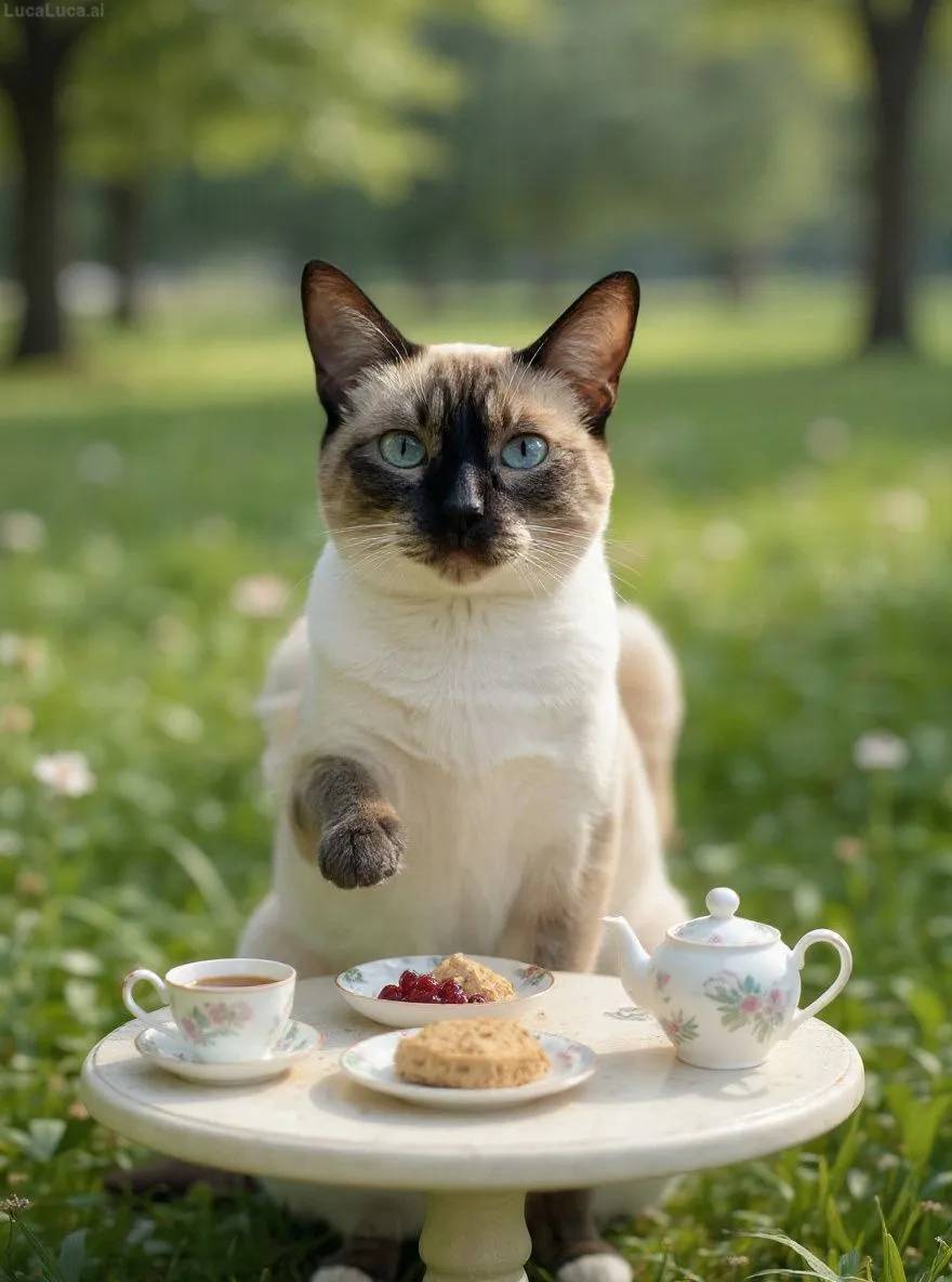 Siamese cat at a miniature garden table with floral china and scones