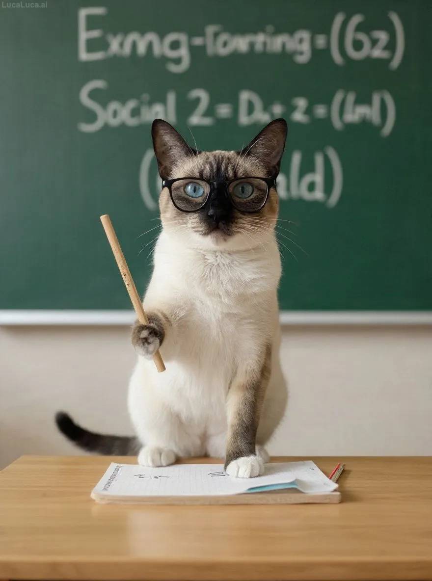 Siamese cat wearing glasses pointing at a chalkboard with equations