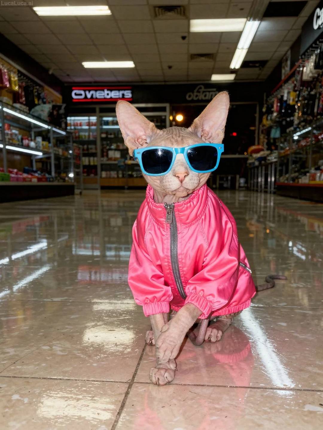 Sphynx cat wearing a neon pink windbreaker and blue sunglasses at night
