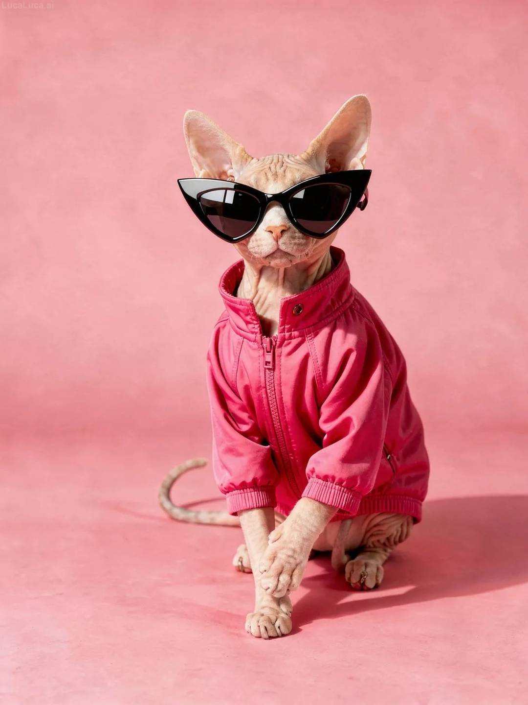 Sphynx cat wearing a pink jacket and cat-eye sunglasses on a pink background