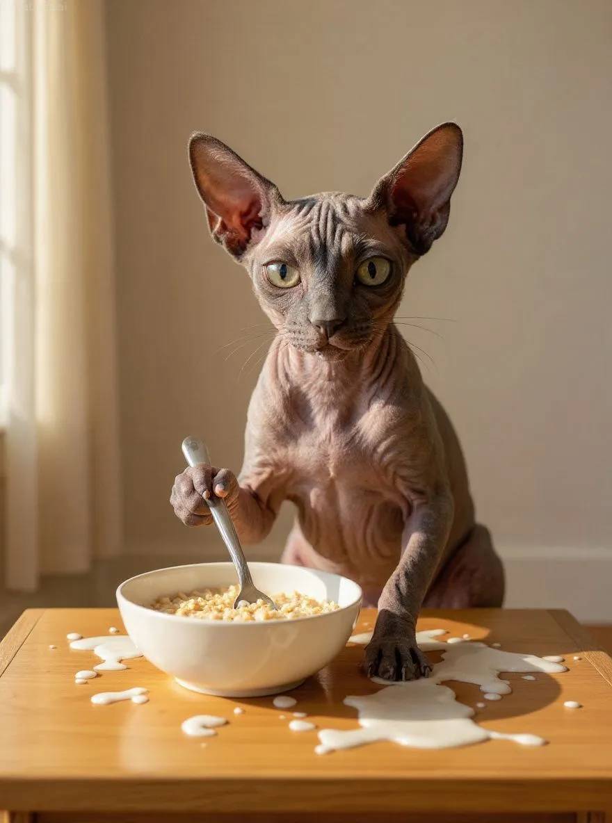 Sphynx cat sitting at a table with a bowl of cereal and spilled milk
