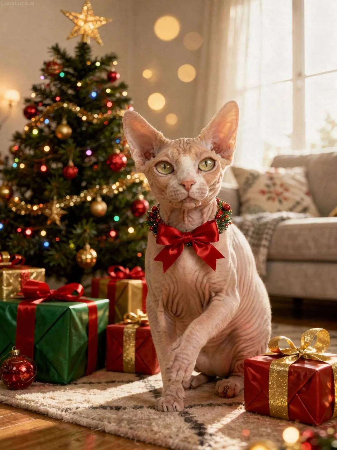 Sphynx cat sitting beside a decorated Christmas tree with wrapped presents