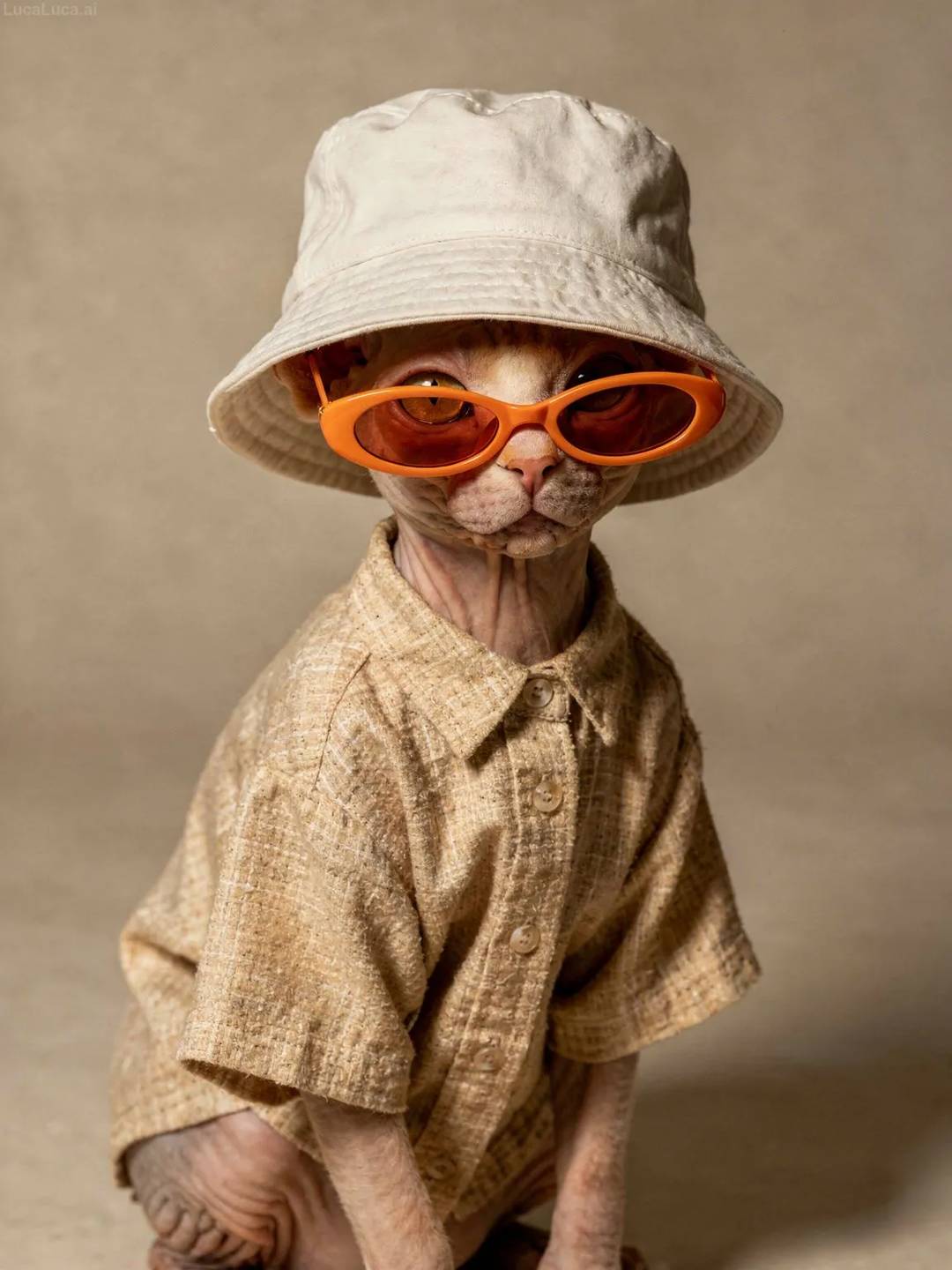 Sphynx cat wearing a beige shirt, sunglasses, and bucket hat in studio lighting