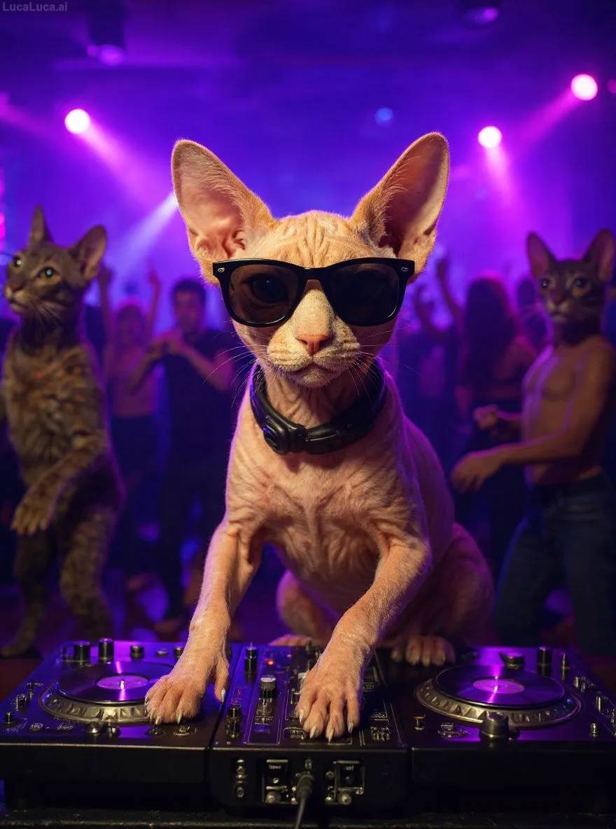Sphynx cat wearing sunglasses with paws on turntables at a nightclub