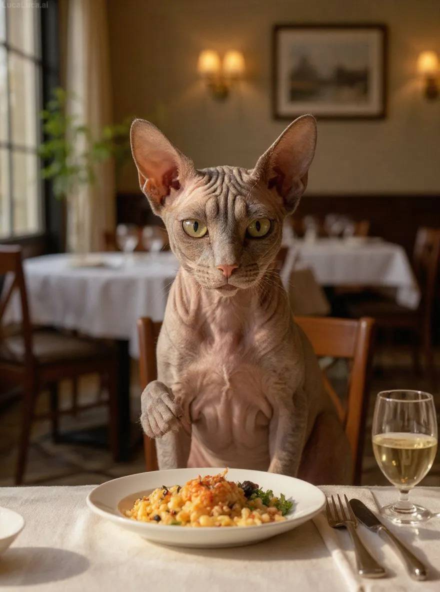 Sphynx cat at a fancy restaurant table judging a gourmet dish