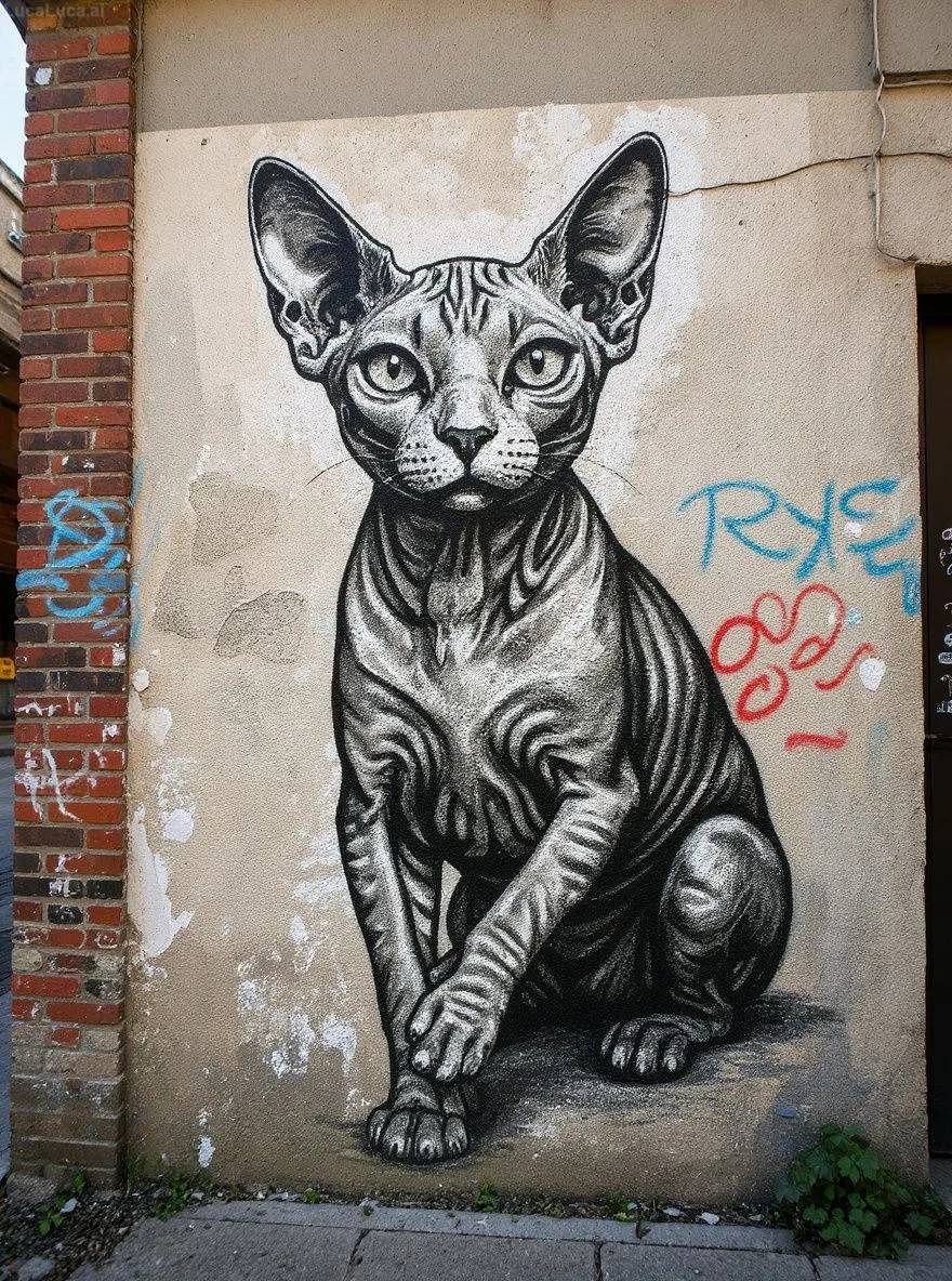 Sphynx cat as a monochrome street art mural on a weathered urban wall
