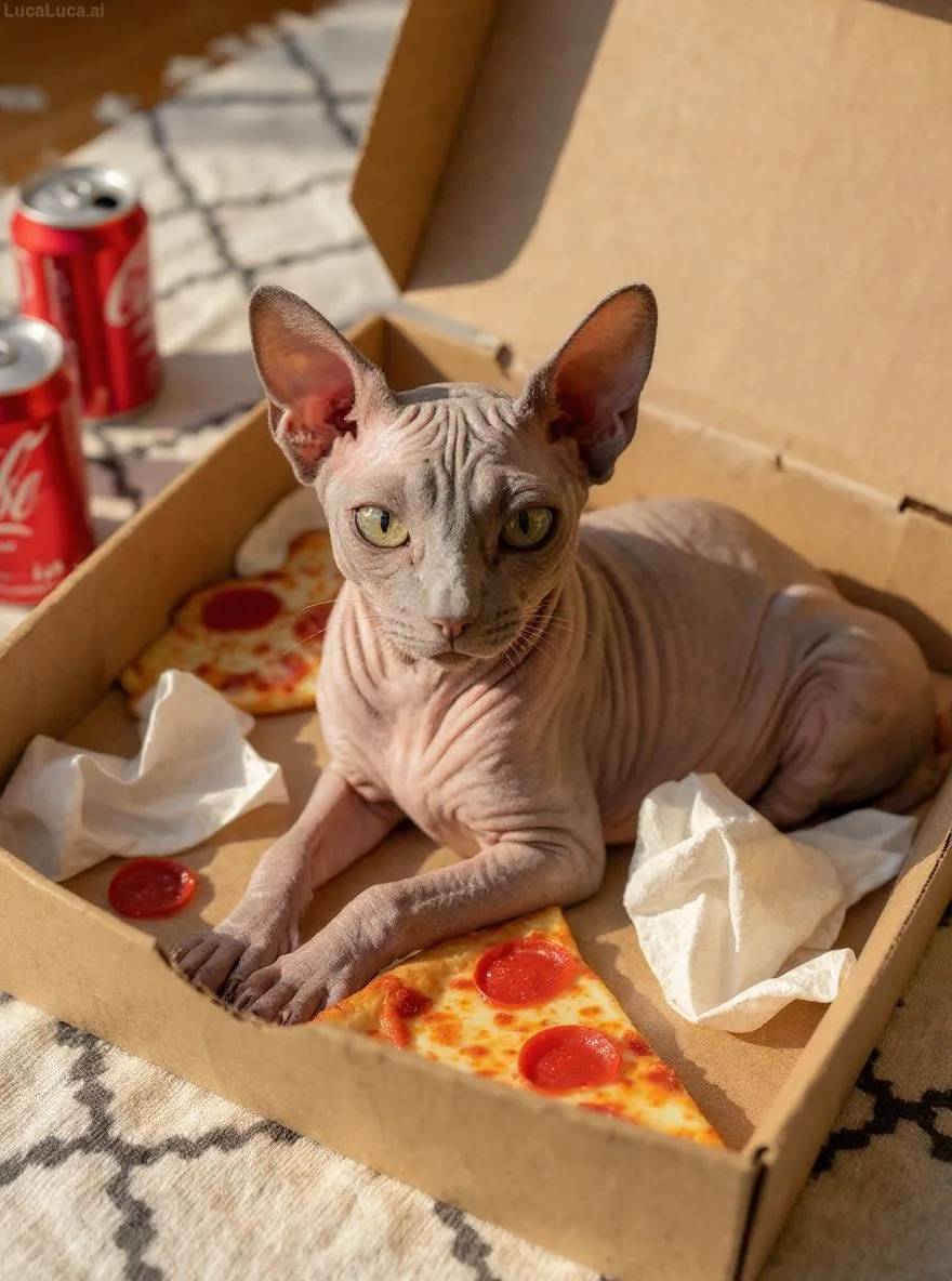 Sphynx cat curled up in an empty pizza box surrounded by soda cans