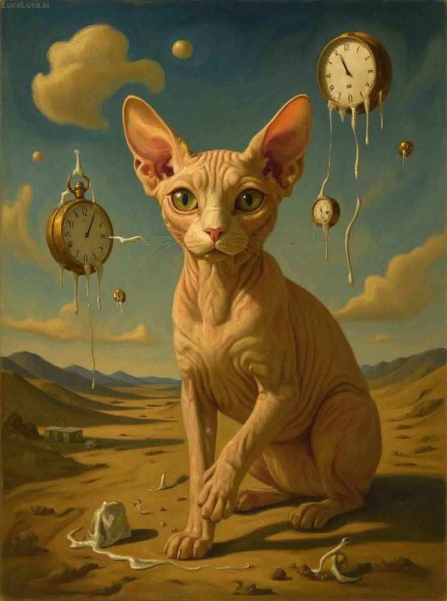 Sphynx cat in surrealist style with melting clocks in a desert landscape