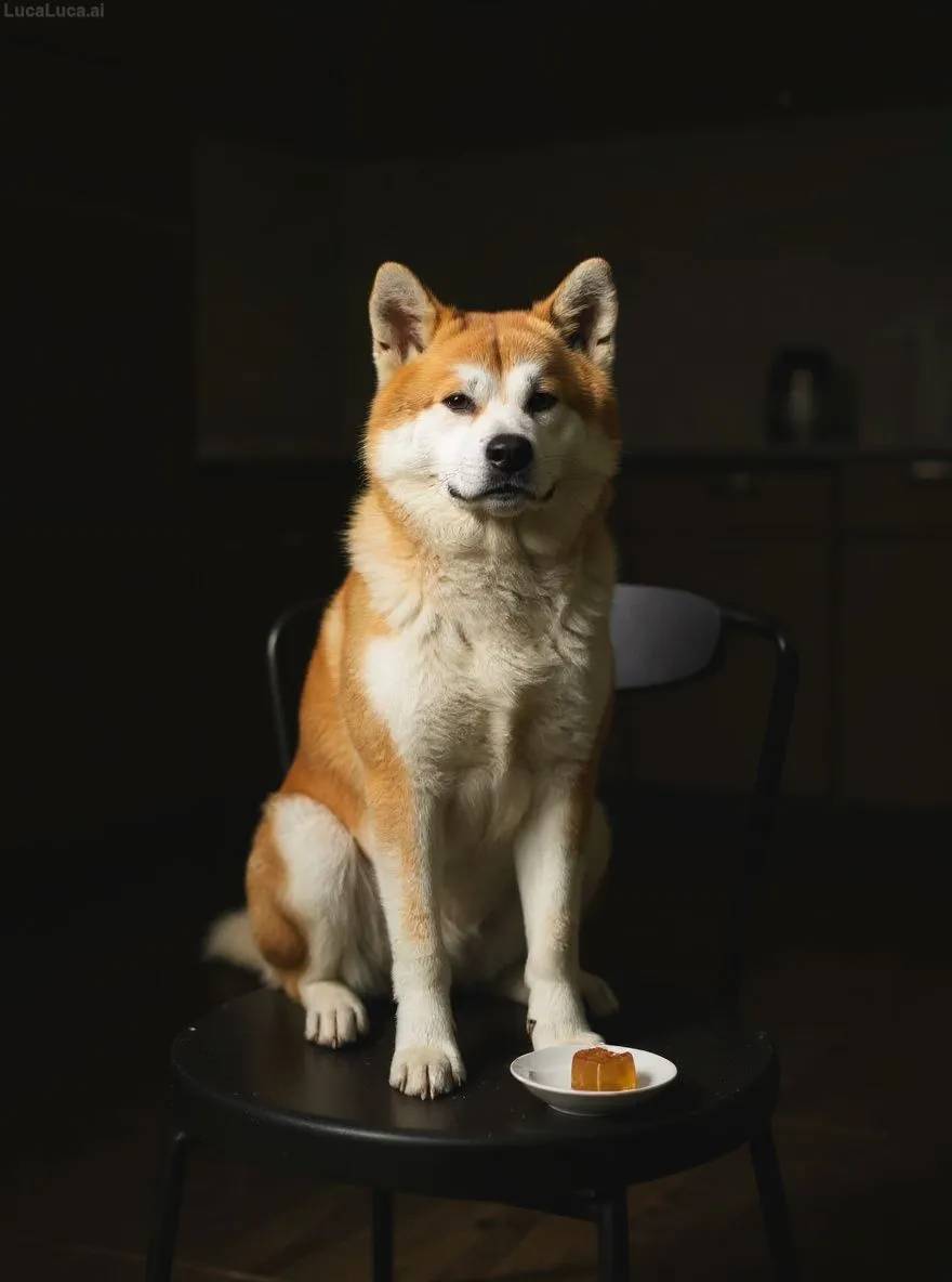 Akita dog on a kitchen chair staring at a jelly cube under dramatic lighting