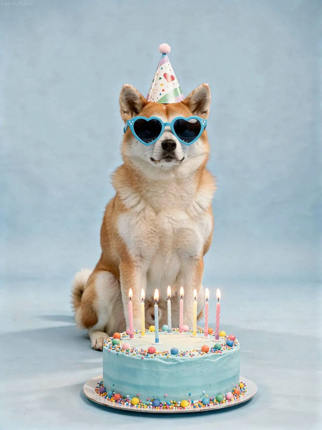 Akita dog wearing blue heart sunglasses with a pastel blue birthday cake